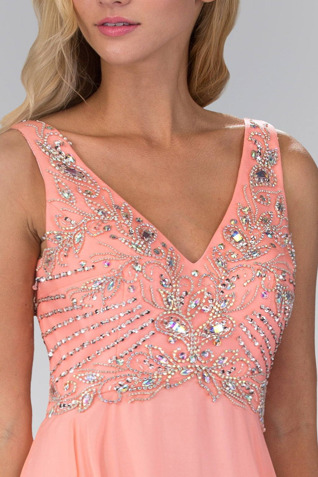 V Neck and Back Chiffon Floor Length Dress with Jewel and Sequin Bodice - TiendaV Neck and Back Chiffon Floor Length Dress with Jewel and Sequin BodicePeachSGL2115GL2115TiendaTux - USAGL2115NightgownV Neck and Back Chiffon Floor Length Dress with Jewel and Sequin Bodice